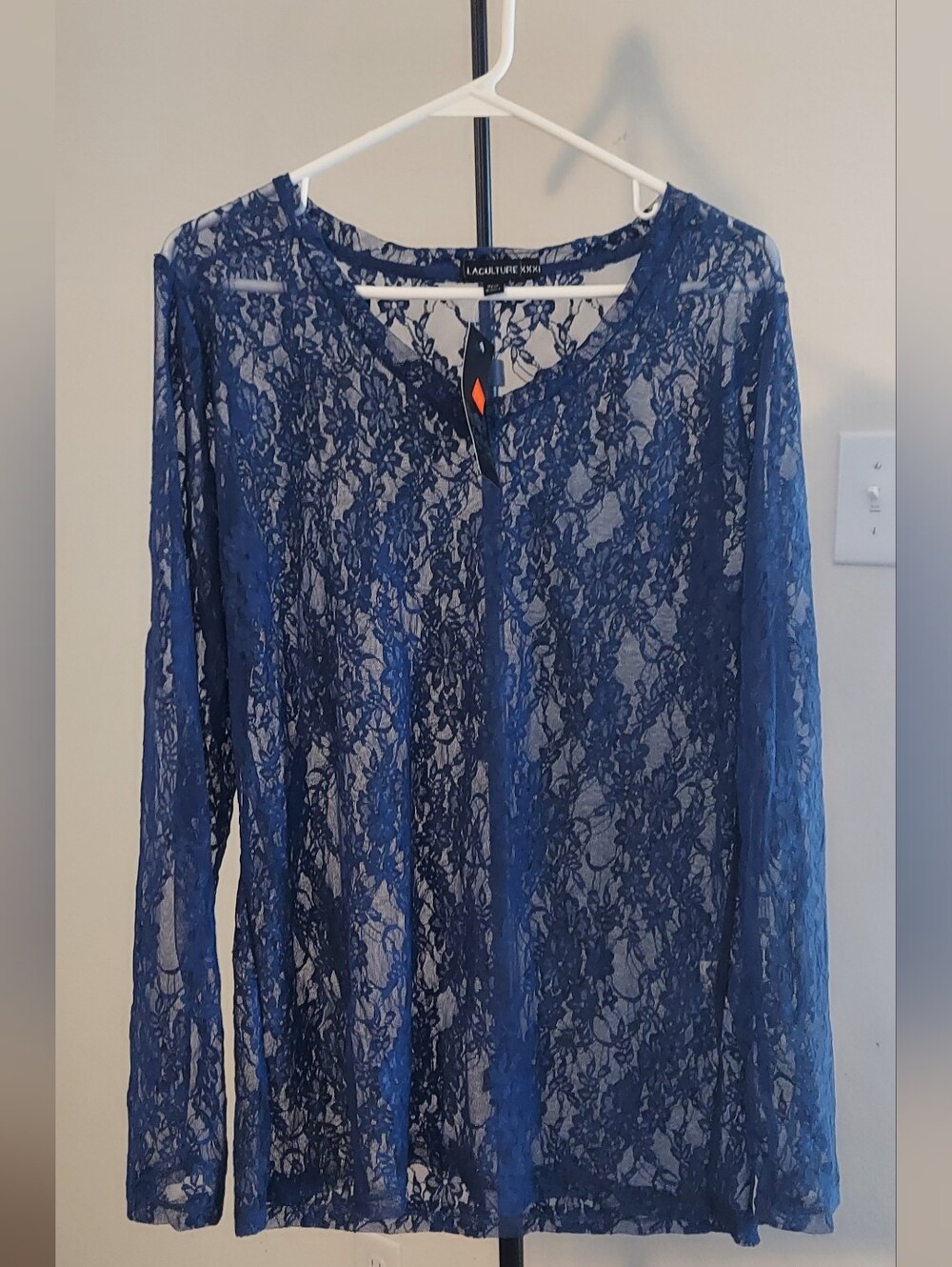 Lace Overlay Long Sleeve Tee - Blue -